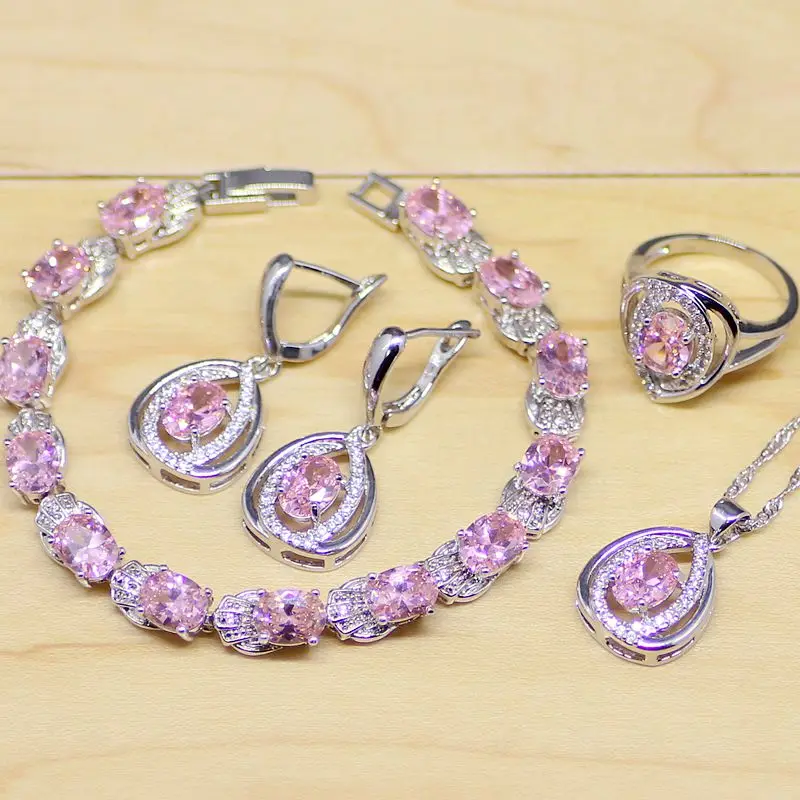 

Tredy Round Pink Zircon 925 Sterling Silver Jewelry Sets For Women Party Earrings/Pendant/Necklace/Rings/Bracelet