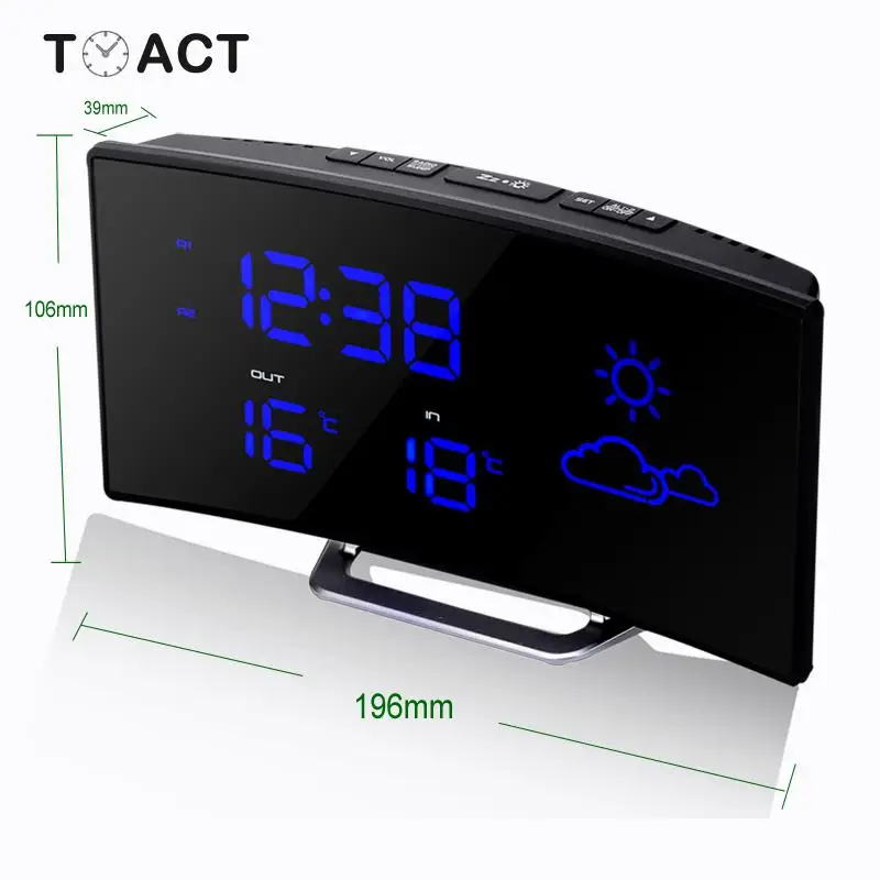 

Digital Temperature Display LED Alarm Clock Fm Radio Alarm Clocks Arc Shape Desk Table Clock Weather Forecast Snooze Function