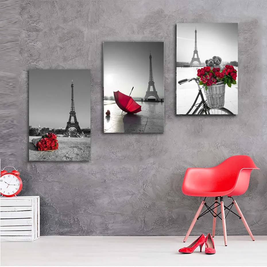 Gray-Black-Landscape-Poster-Prints-Modern-City-Tower-Canvas-Painting-On-The-Wall-Red-Rose-Umbrella (1)