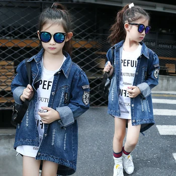 

Children Denim Jacket 4-13 years old Girls Outerwear& Coat Embroidered patch sequin letter Trench Classic wash Jacket