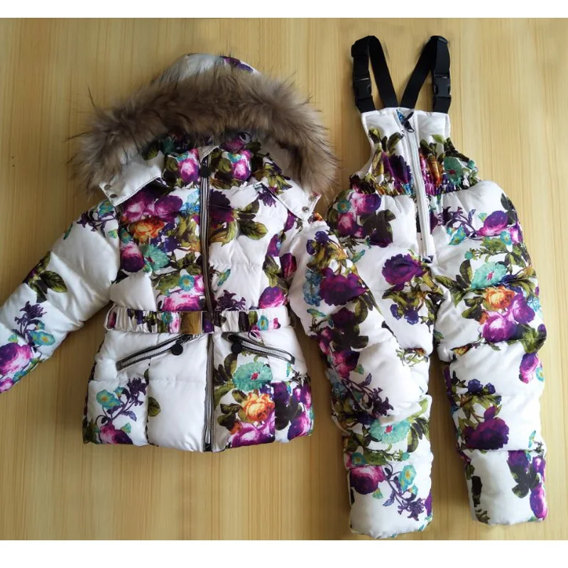 Комплект зимней одежды для девочек, пуховое пальто с цветочным рисунком+ комбинезон, костюмы теплый ветрозащитный зимний костюм, лыжный костюм для детей ясельного возраста синтепон, для детей возрастом от 1 года до 7 лет