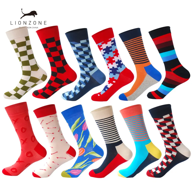 

LIONZONE 12Pairs/Lot Men Funny Colorful Combed Cotton Socks Dozen Pack Lattice Stripe Patterns Casual Dress Wedding Happy Socks