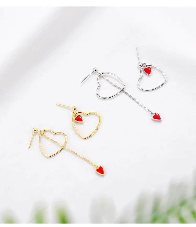 red heart asymmetric earring 100% 925 Sterling silver Jewelry fashion Hypoallergenic Stud earrings for women gift