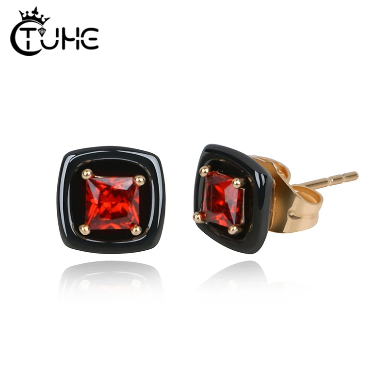 

Square Red Crystal Stud Earrings For Women Female Black Health Never Lose Color Ceramic Earrings Fashion Jewelry Gift