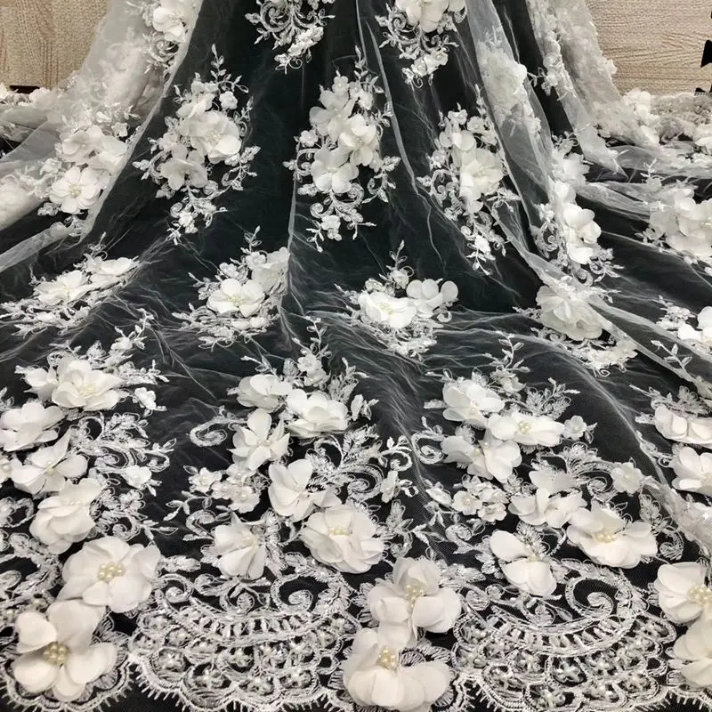 

African Tulle Lace Fabric 2019 3D flowers French Lace Fabric High Quality With Beads Nigerian Embroidery Tulle French Lace RG724