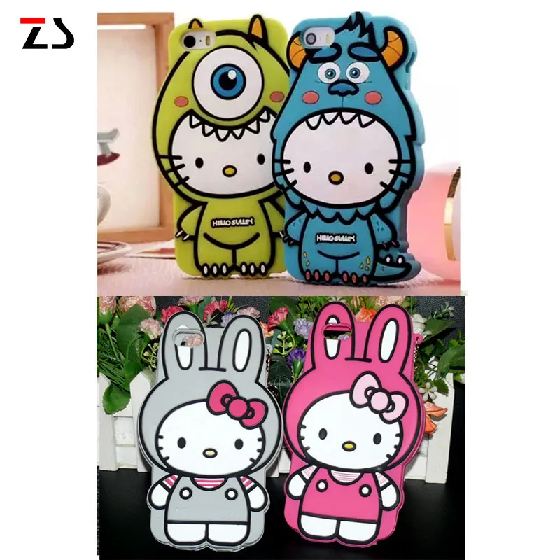 cute 3D cartoon cat case for iphone 6 5 4 with rabbit cap lovery silicone back cover monster cases | Мобильные телефоны и