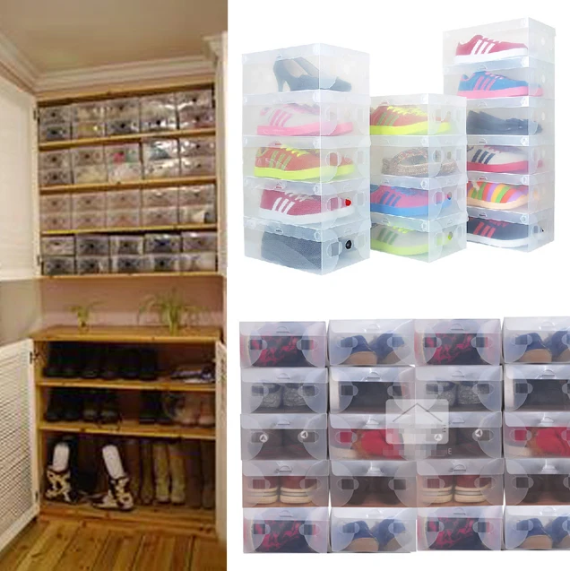 10X Transparent Clear Plastic Shoe Boxes Stackable Foldable Organizer