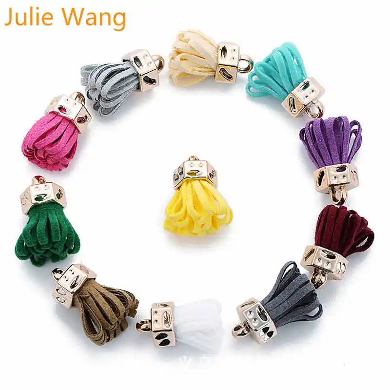 Julie Wang 20PCS Alloy Suede Korean Leather Tassel For Earring Pendant Charms Keychain Cellphone Straps Purses Jewelry Accessory