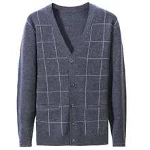 Чистый коза, кашемир толстый вязаный мужской модный v-образный вырез клетчатый кардиган свитер на одной пуговице серый 3 цвета S-3XL