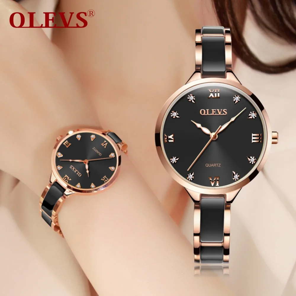 OLEVS Ladies Ceramic Watches Lady Rose Gold Women Dress Watch Luminous Black Steel Strap Womens Wrist Watches Gifts reloj mujer