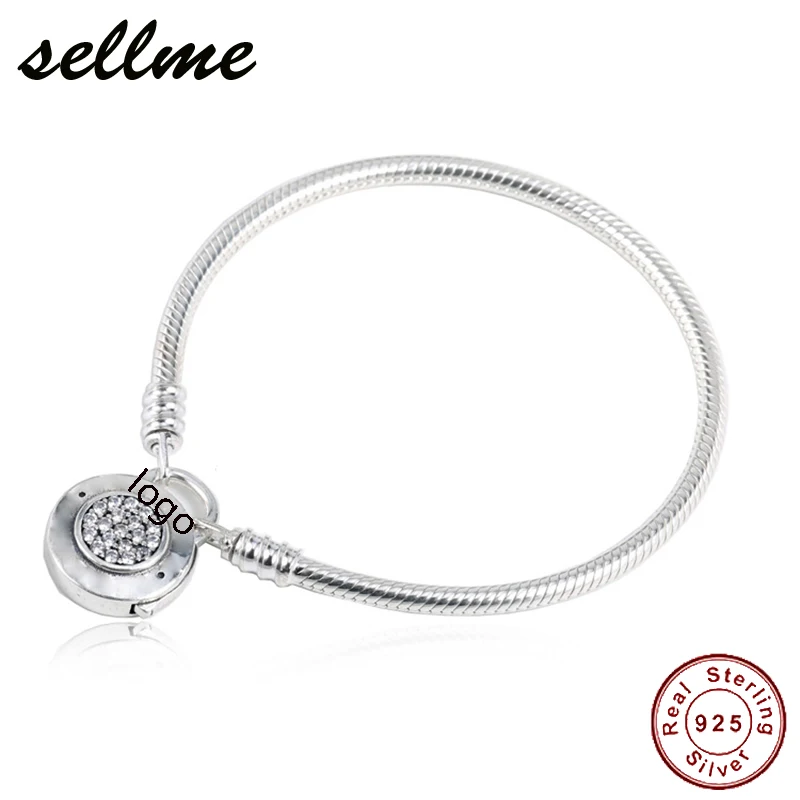 

100% Real 925 Sterling Silver MOMENTS Smooth Bracelet with Signature Padlock Fit Pan Charm Bracelets DIY Silver Jewelry
