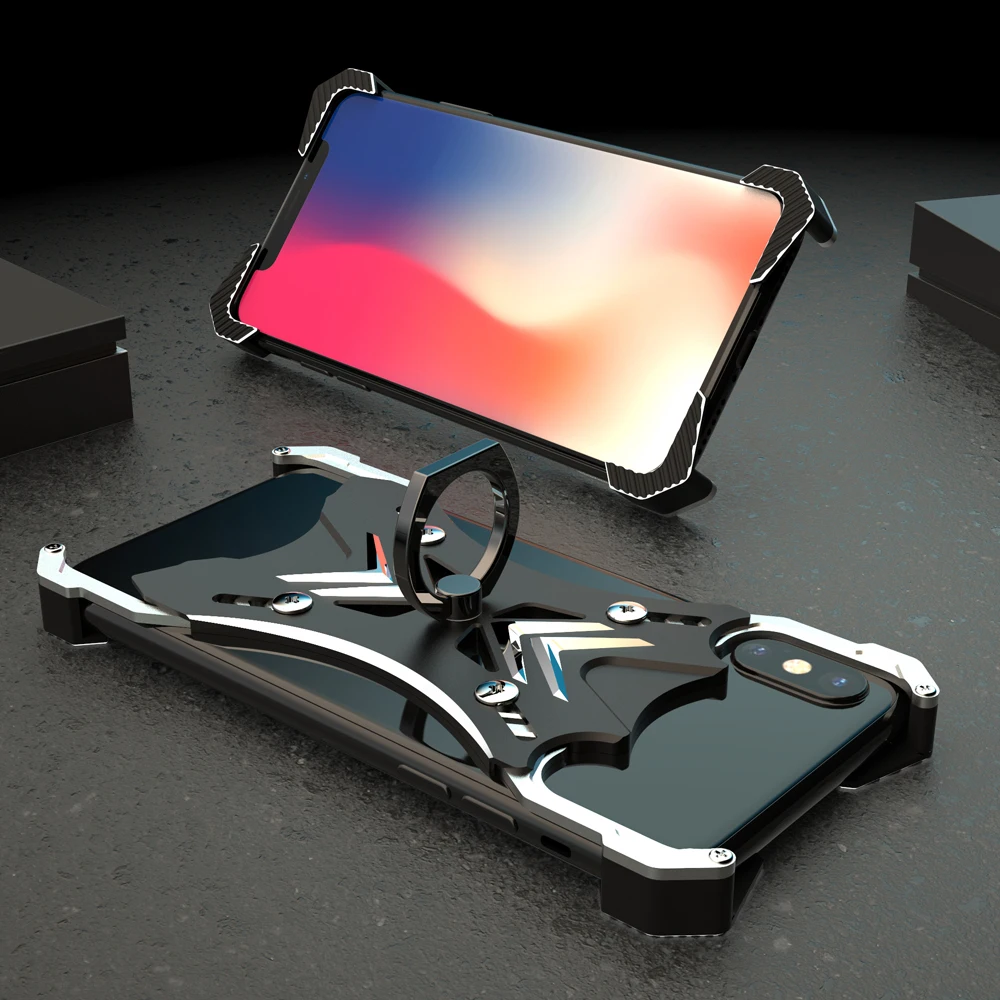 

For Apple iphone X XR XS MAX 7 8 6 6s Plus Case Luxury 3D Hard Aluminum Metal Frame Ring Holder Armor Protective Back Bumper