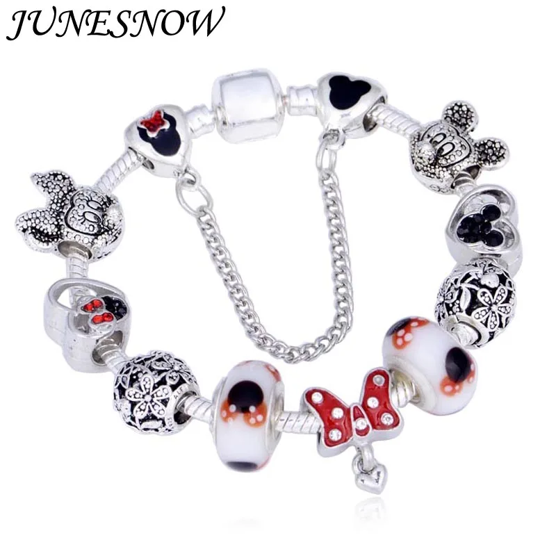 

JUNESNOW Dropshipping Mickey Minnie Charm Bracelet With Nice Marano Beads Fit Original pan Bracelet For Kids Special Gift