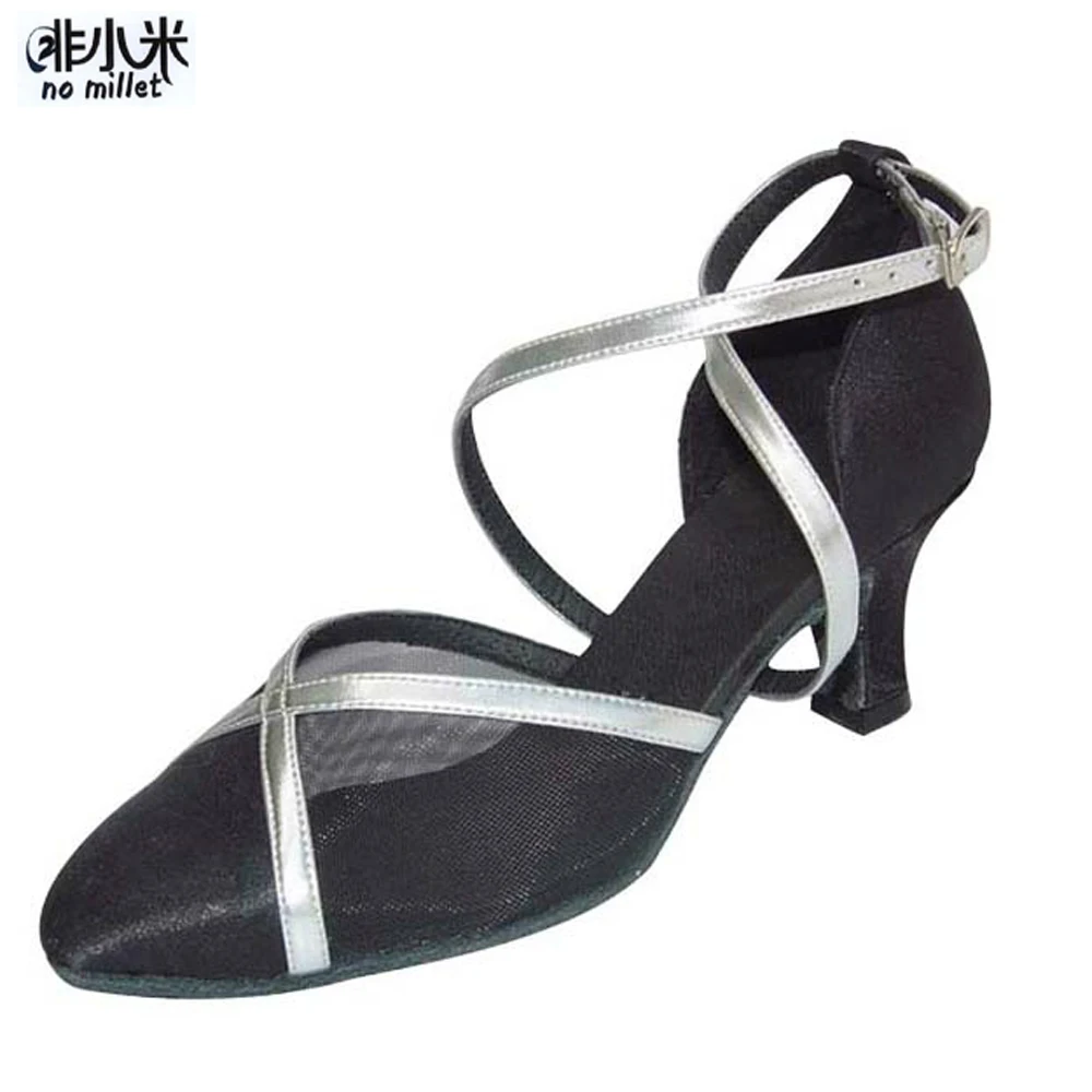 No Millet Latin Dancing Shoes Black Satin/Leather Dance Shoes 6cm Salsa