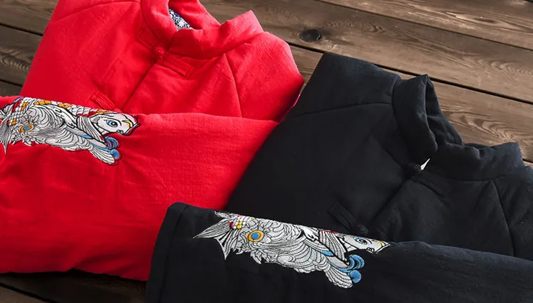 Plus rouge Doux Parkas Coton Style Chinois Manteau 2018 Lin Rétro Femmes Linge Broderie Noir Chaud Le Rembourré Hiver D'origine wfxXgUqx