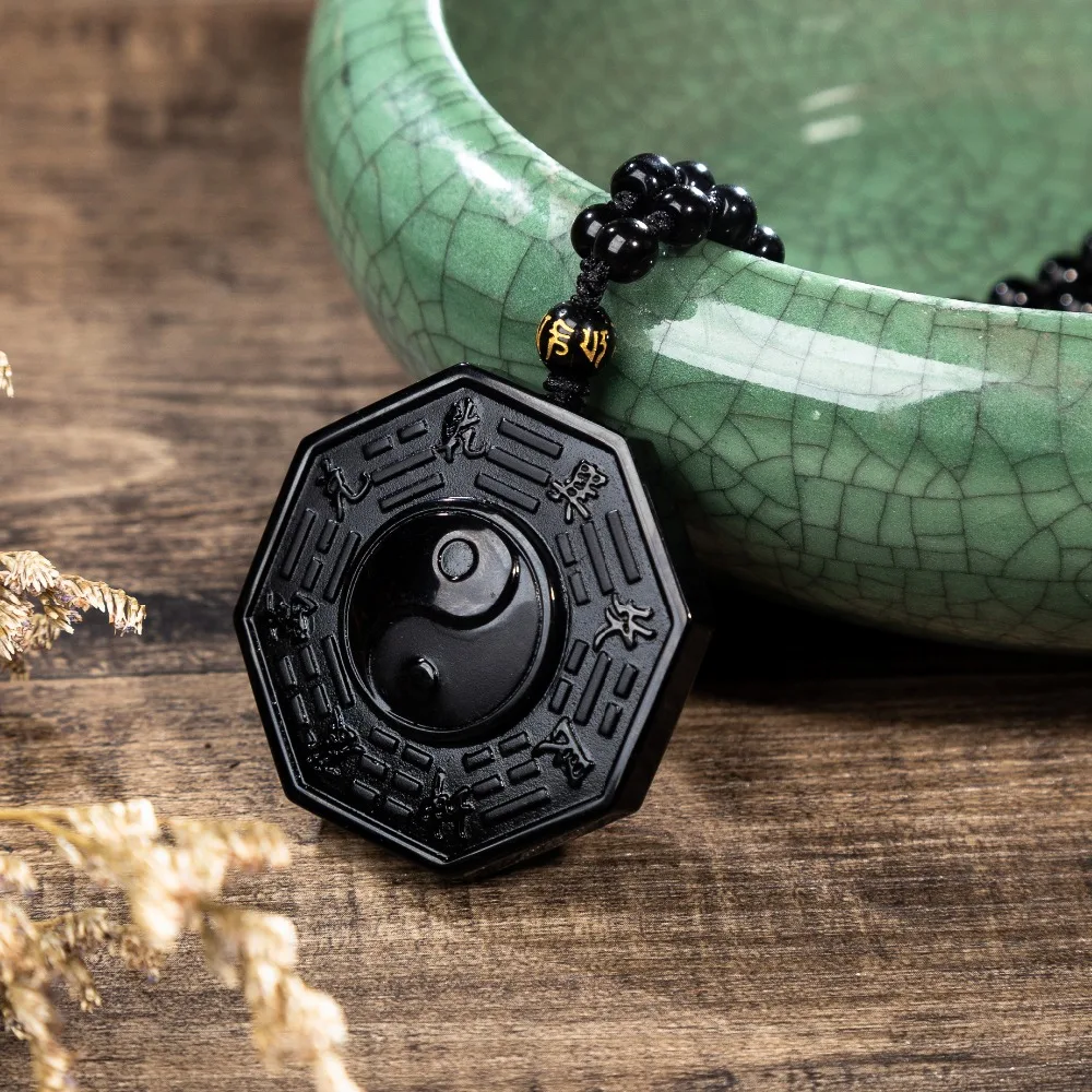 

Ying Yang BAGUA Obsidian Pendant Necklace Phenomenon Numerology Symbol Men Jewelry