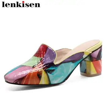 

Lenkisen 2020 new design genuine leather mixed colors high heels slip on pop style square toe mules meeting women sandals L7f5