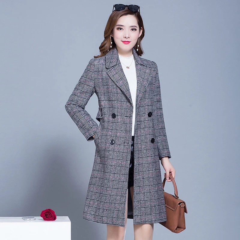 

Winter Fashion Wool Blends Coat Plaid Jacket Women Casual Long Thick Cardigan Houndstooth Slim Lapel Female Cashmere Overcoat