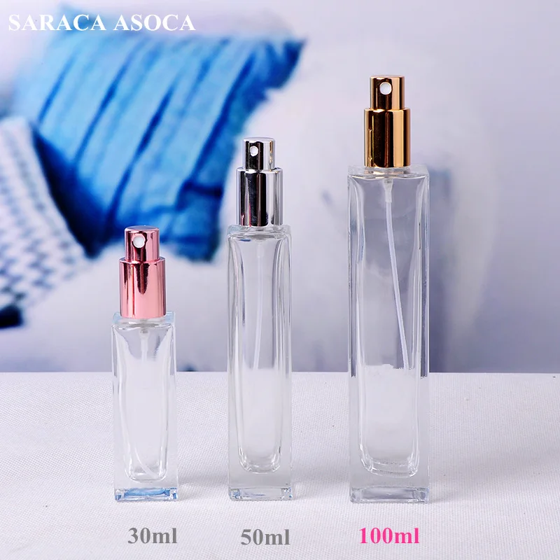 

100ml Square Thick Transparent Glass Bottle Spray Perfume Bottle High-grade Sprayer Big Capacity Bottling 10pcs/lot