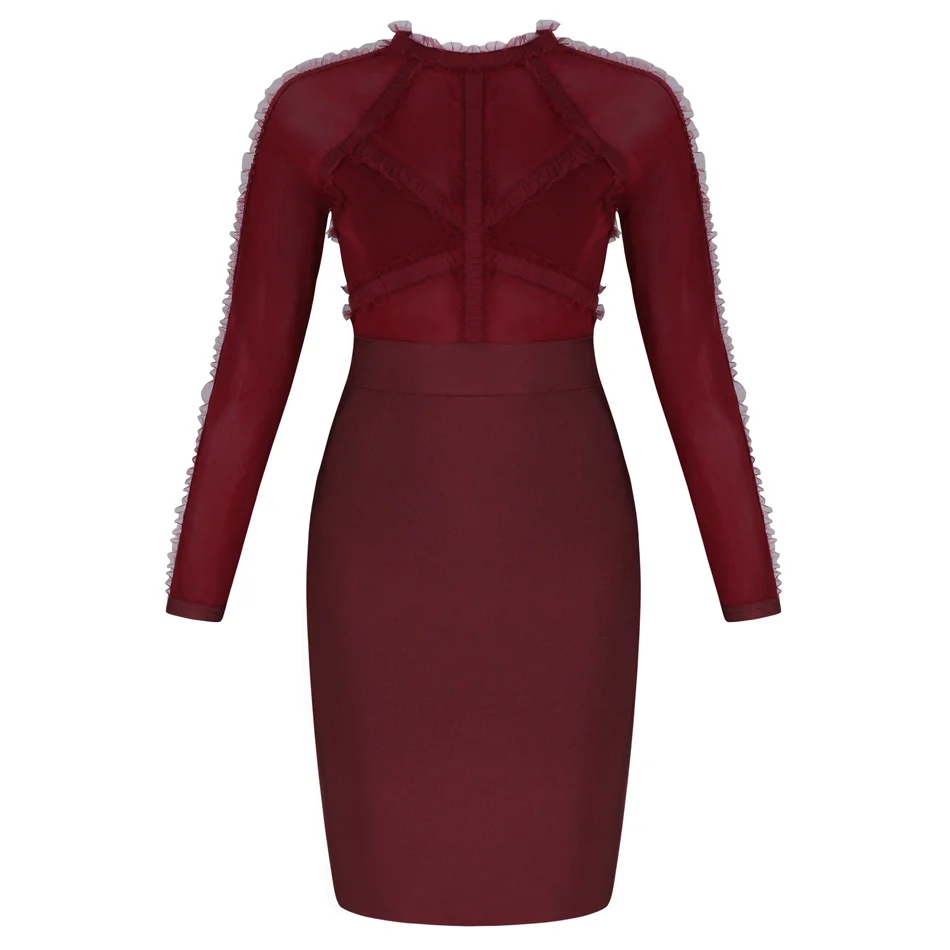 wine red Новое поступление Rufle сетка Лоскутная повязка Femme платье прозрачный длинный рукав круглый вырез мини Bodycon сексуальное Клубное платье - Цвет: wine red