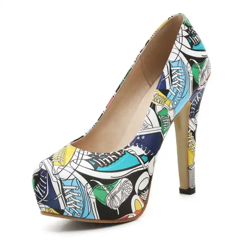 

2017 Ethnic Colorful Print Party Wedding Shoes Woman Sexy High Heel Platform Pumps Slip On Big Size 32-43 Ladies Footwear