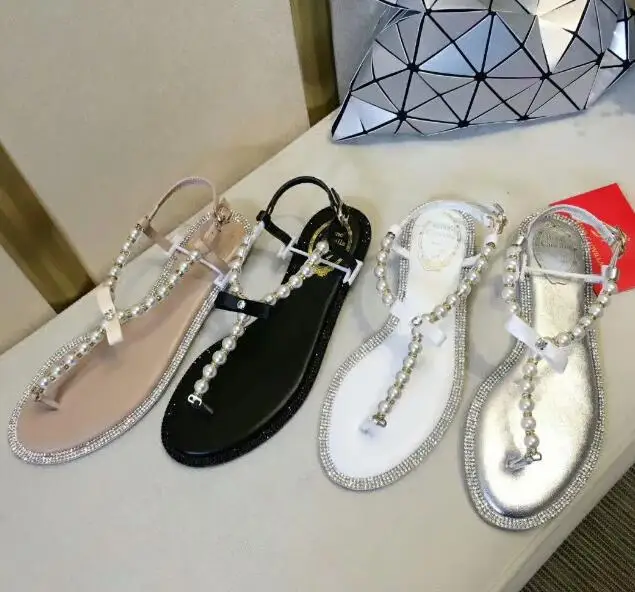 BONJEAN/Новейшая летняя обувь на плоской подошве с украшением в виде кристаллов; женские сандалии с украшением в виде банта; пикантные сандалии с ремешками, украшенные жемчугом и бусинами