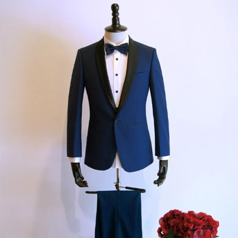 

Navy Mens Suits for Wedding Tuxedos Two Piece Black Shawl Lapel Slim Fit Fashion Style Groom Tuxedos Man Suit Jacket with Pants