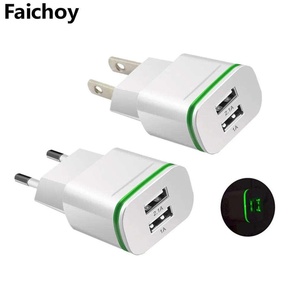 Faichoy 2 منافذ USB محول الهاتف المحمول جدار شاحن جهاز مايكرو بيانات الشحن 5 V/2.1A الاتحاد الأوروبي/الولايات المتحدة الأمريكية المكونات مصباح ليد لل...
