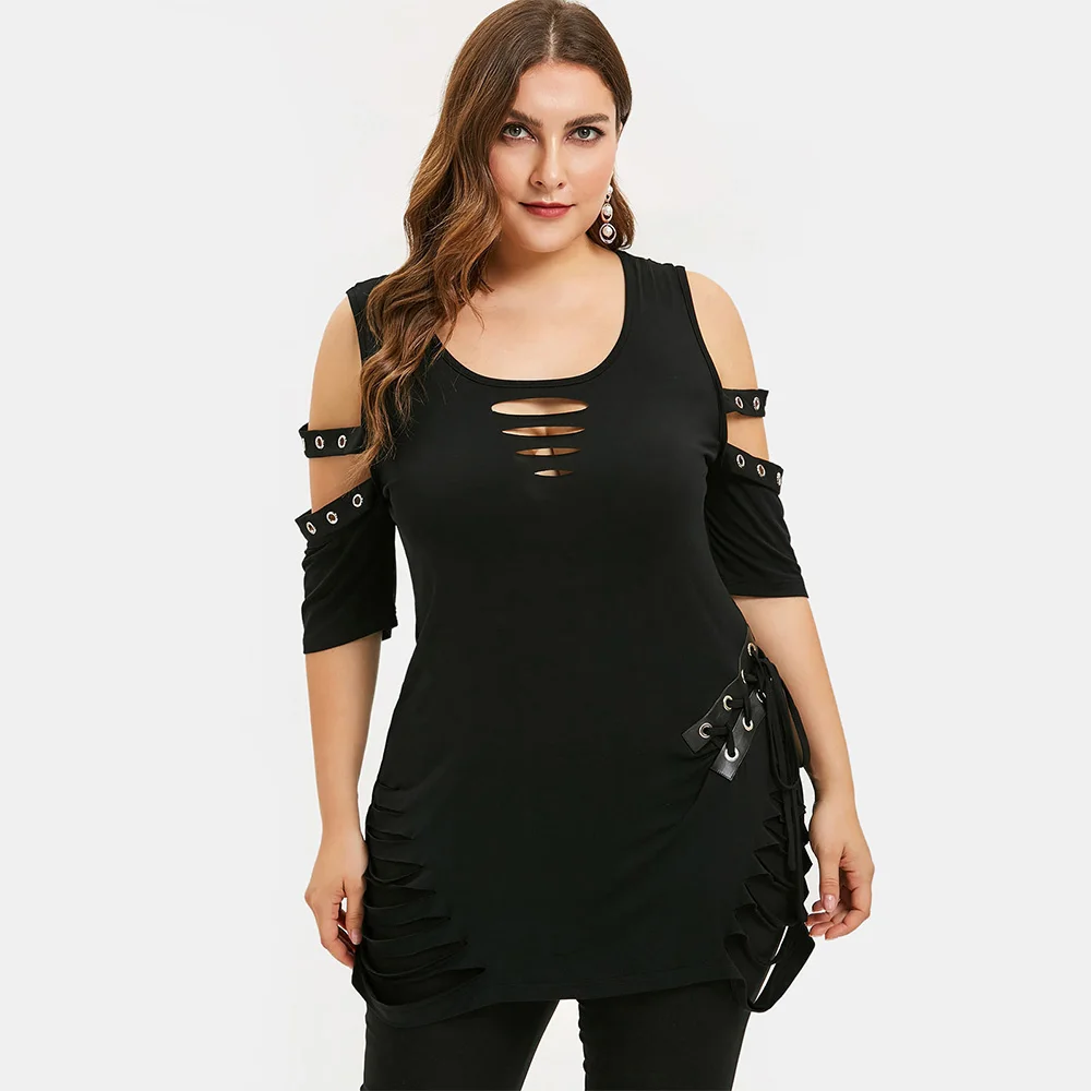 ROSEGAL Plus Size Cold Shoulder Lace Up Ripped T-shirt Long Scoop Neck Cut Out Women T-Shirts Solid Gothic Summer Sexy Tees