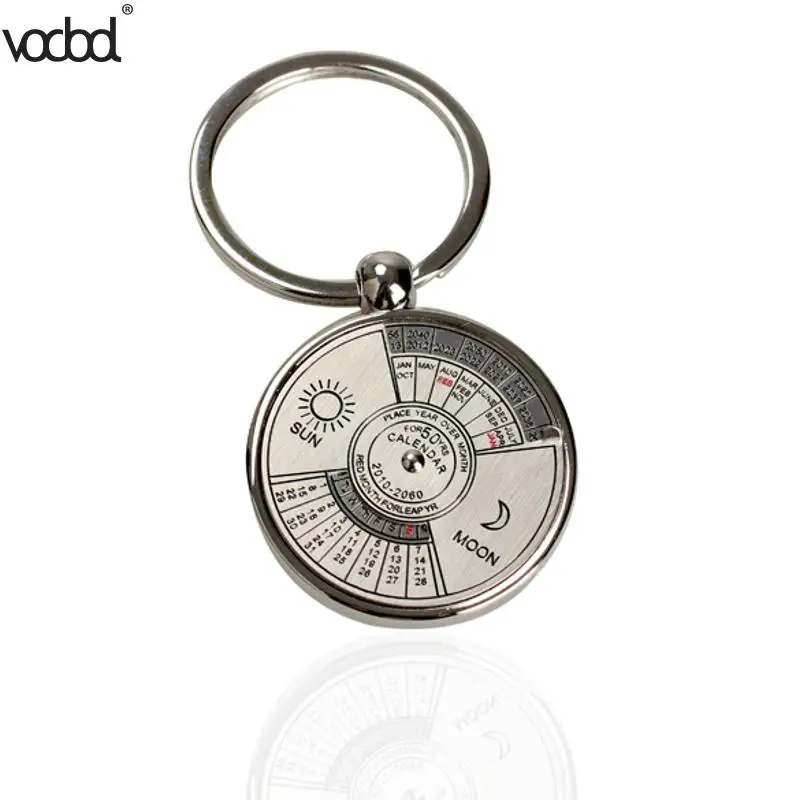

Creative Mini Perpetual Calendar Keychain Unique Metal Keyring Sun Moon Carving 2010 to 2060 50Years Calendar Key Ring Gifts