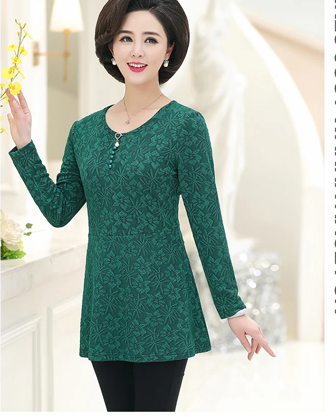 Spring New Middle-Aged Women Tops& Tees O-Neck Fashion Print Thickening Long T Shirt Women T363