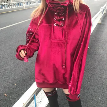 

Fashion autumn winter Harajuku style dark black heavy embroidery embroidered velvet rope fleece pullover Sweatshirt coat Female