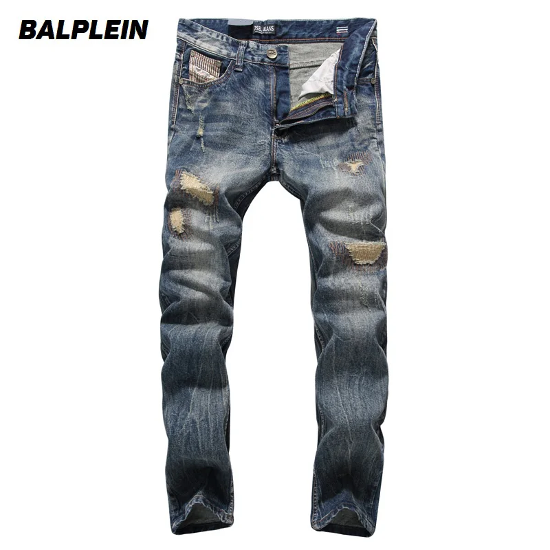 Fashion Classical Men Jeans Vintage Ripped Jeans Men Straight Fit 100% ...