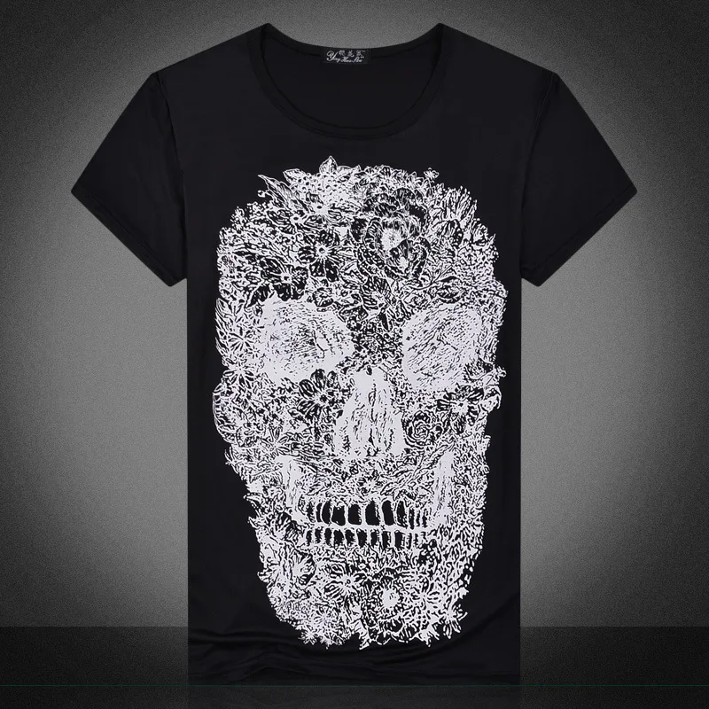 Skull Print T Shirt Men Classic Hip Hop Design Flower Skull Men's T ...