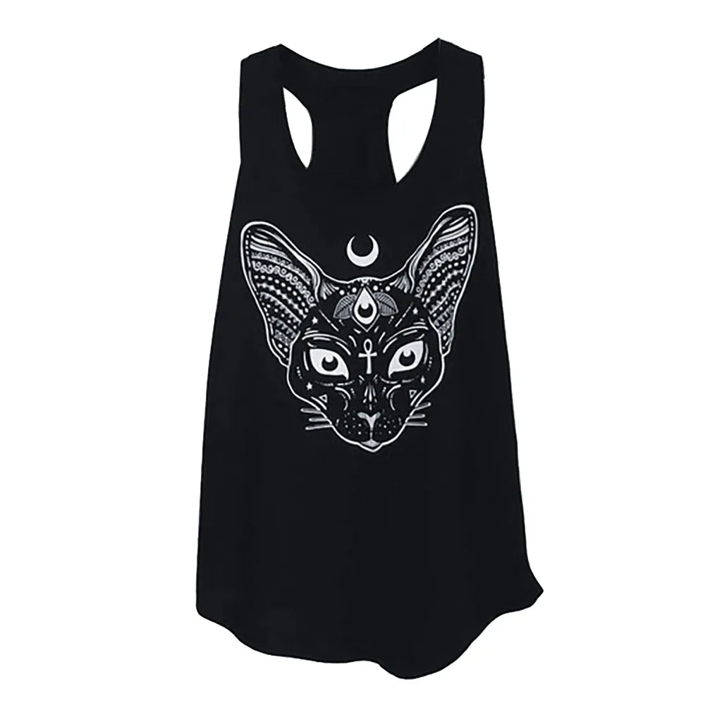 

Women Summer Casual Sphynx Cat Print Sleeveless Sling Tee Blouse Shirt Tops