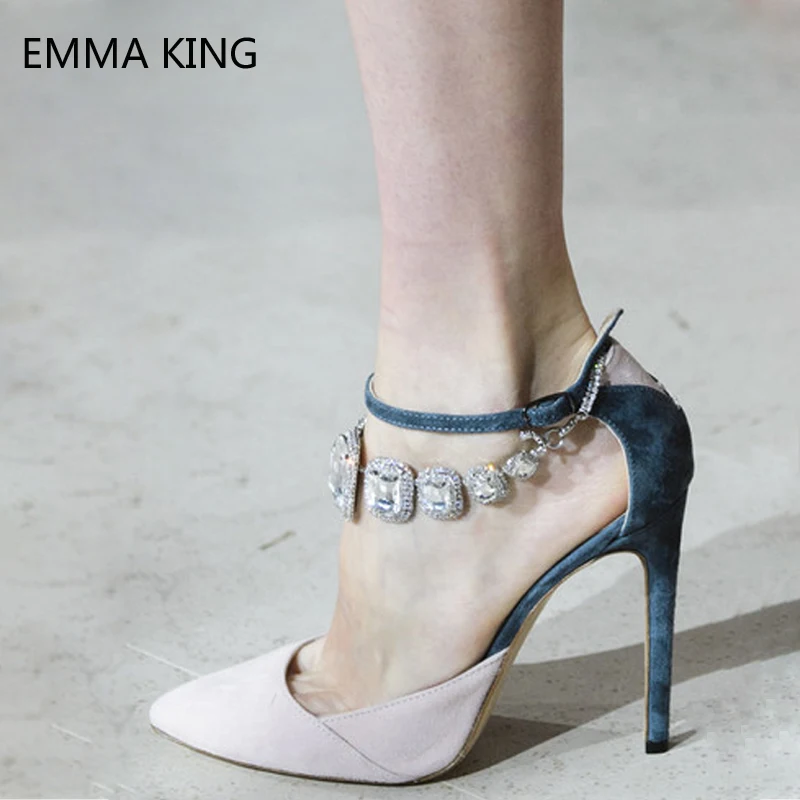 

Summer Women Crystal Pumps Ankle Buckle Strap Stiletto High Heels Fashion Leather Shallow Party Dress Shoes For Ladies Sandals