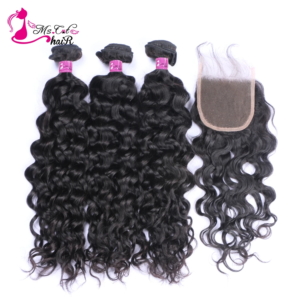 

Ms Cat Hair 3 Bundles Brazilian Water Wave Human Hair With 4x4 Inch Lace Closure Bleached Knots Remy Hair Weave 4 Pcs/Lot