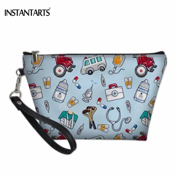 

INSTANTARTS Fashion Cartoon Nurse Print Woman PU Leather Cosmetic Case Casual Big Storage Make Up Bags Female Travel Makeup Case