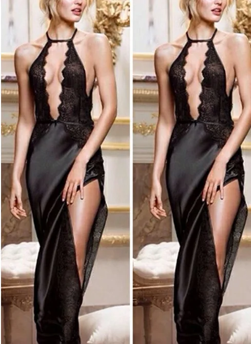 

Deep V Neck Spaghetti Strap Open Bra Fork Black Long Satin Dress High Split Bodycon Women Sexy Maxi Dress Party Night Club Dress