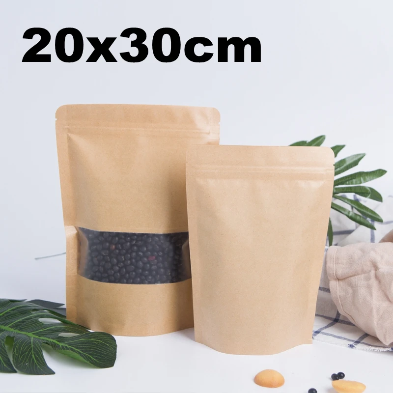 

50pcs 20x30cm Large Zip Lock Kraft Bag with Frosted Window Paper Bags Food Packaging Stand Up Pouches Zipper Bag
