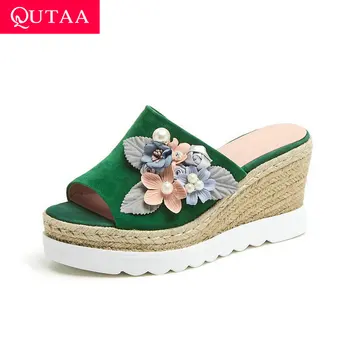 

QUTAA 2019 Women Shoes Beach Flowers Genuine Leather Peep Toe Wedge High Heel Straw Weaving Slingback Ladies Sandals Size 34-39