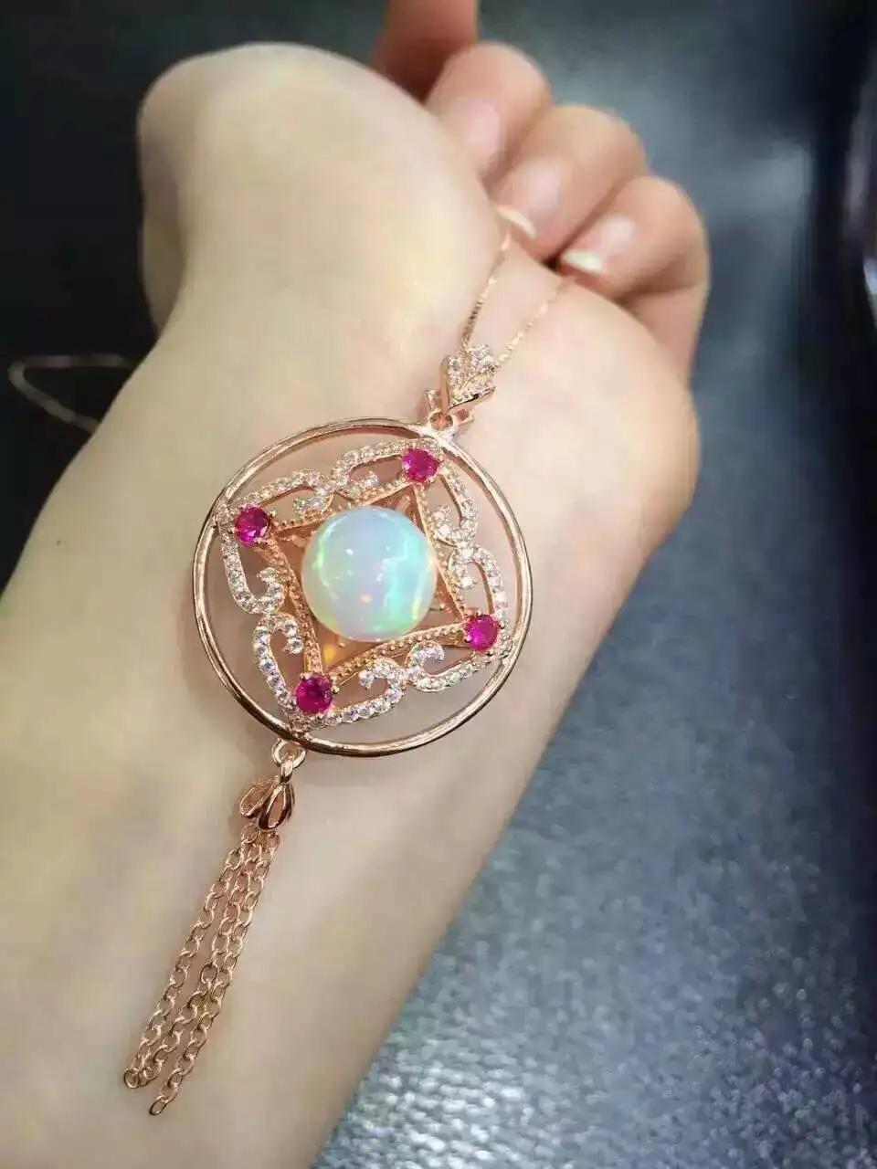  Naturel multicolore opale pendentif naturel pierre gemme pendentif collier S925 argent rétro rond c