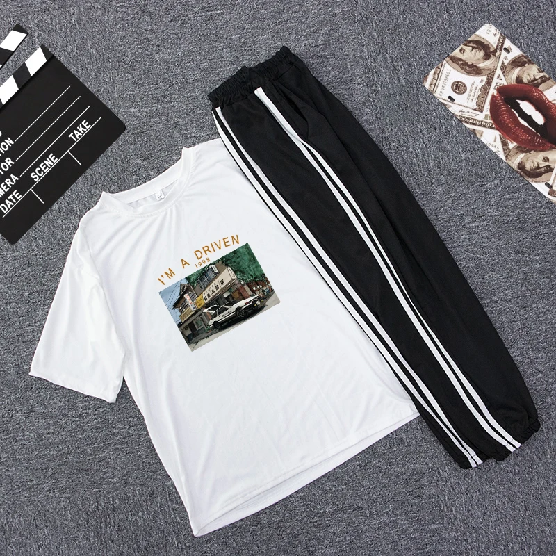 

Harajuku Oversize Tracksuit Cartoon Print Short Sleeve T-Shirts Korean Style Women Loose Summer Female Casual 2 PC Sport Suit