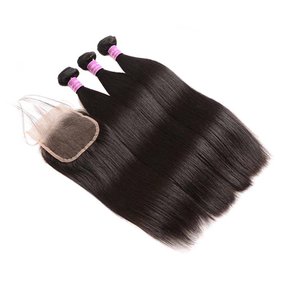Brazilian Straight Hair 3 Bundles With Lace Closure Free Part Real Beauty 100% Human hair Bundles With Closure Non Remy Hair (3)