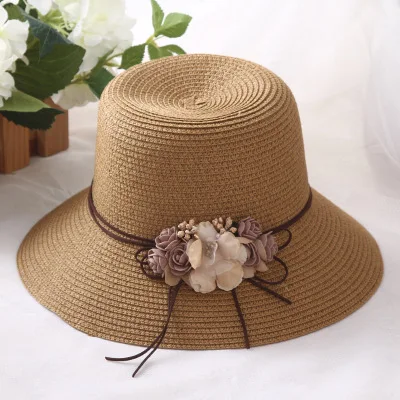 SUOGRY/Летняя женская гирлянда ручной работы в цветочек, соломинка, шляпа-ведро, покатающаяся кромка, пляжная кепка Кепка Солнцезащитная для женщин - Цвет: khaki