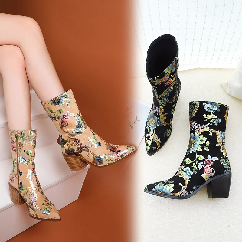 

Women mid-calf boots plus size 22-27 cm autumn and winter boots women Vintage print ladies boots gumboots for women 2 color