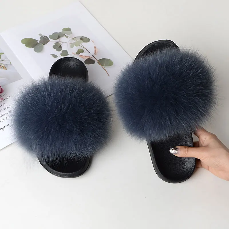 winter indoor slippers Women Summer Casual Fluffy Slippers With Fur Flat Non-Slip Real Fox Fur Furry Slides Large Size Shoes Fur Sandals Free Shipping best indoor sandals Indoor Slippers
