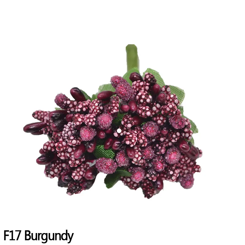 24pcs Mini Stamen Flower Artificial Berry Pistil Wire Stem Wedding Decoration DIY Wreath Handmade Scrapbooking Craft Fake Flower - Цвет: Burgundy