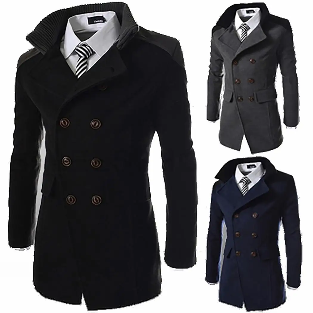

Men Fashion Casual Solid Double Breasted Long Button Winter/Spring/Autumn Sleeve Wool Blend Coat
