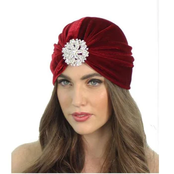 

fashion women hats velvet turban caps rhinestone dome caps head wrap Europe style india hats women beanies skullies